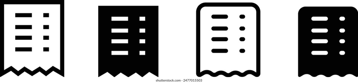 Banking transaction receipt black fill icon set. Bill icon, Invoice symbol, Financial Payment icon, Medical bill, Online shopping, Procurement expense, Money document file. Editable graphic resources.