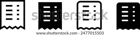 Banking transaction receipt black fill icon set. Bill icon, Invoice symbol, Financial Payment icon, Medical bill, Online shopping, Procurement expense, Money document file. Editable graphic resources.