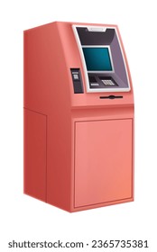 Banking and using bank withdrawal points. Isolated automated teller machine with screen and buttons for users. Getting money in cash, using credit cards and transaction. Vector in flat style