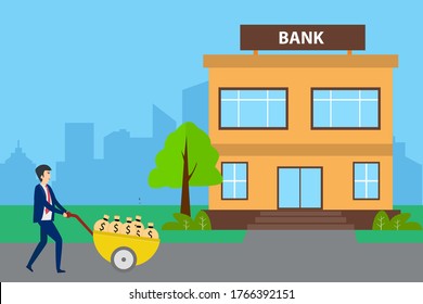 Concepto de vector de banca: empresario empujando su carretilla llena de bolsas de dinero al banco