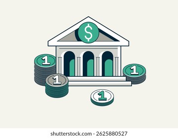 Banking vector detailed icon, bank building and cash money, deposit and credit, online banking, personal account.