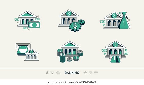 Banking vector detailed icons set, bank building and cash money, deposit and credit, online banking, personal account.
