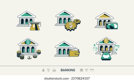 Banking vector detailed icons set, bank building and cash money, deposit and credit, online banking, personal account.