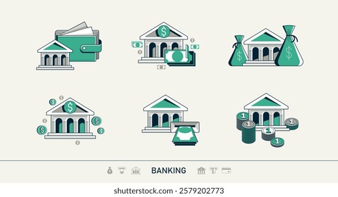 Banking vector detailed icons set, bank building and cash money, deposit and credit, online banking, personal account.