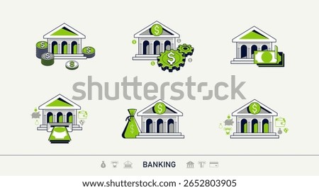 Banking vector detailed icons set, bank building and cash money, deposit and credit, online banking, personal account.