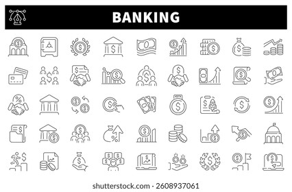 Banking vector icons. Banking icon set. Finance, money, bank, financial, investment, banking related icons. Thin line icons, editable stroke
