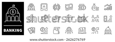 Banking vector icons. Banking icon set. Finance, money, bank, financial, investment, banking related icons. Thin line icons, editable stroke