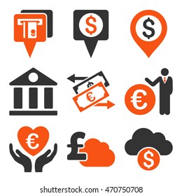 Banking vector icons. Pictogram style is bicolor orange and gray flat icons with rounded angles on a white background.