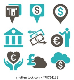 Banking vector icons. Pictogram style is bicolor grey and cyan flat icons with rounded angles on a white background.