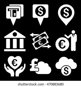 Banking vector icons. Pictogram style is white flat icons with rounded angles on a black background.