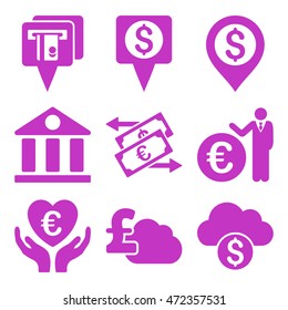 Banking vector icons. Pictogram style is violet flat icons with rounded angles on a white background.