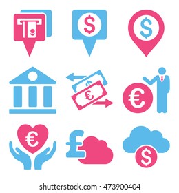 Banking vector icons. Pictogram style is bicolor pink and blue flat icons with rounded angles on a white background.