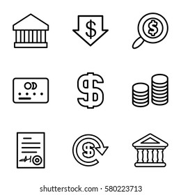 banking vector icons. Set of 9 banking outline icons such as credit card, dollar down, bank, signed document, coin, dollar