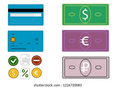 Banking vector illustrations, banking card and banknotes, dollar, rubles, euro. 