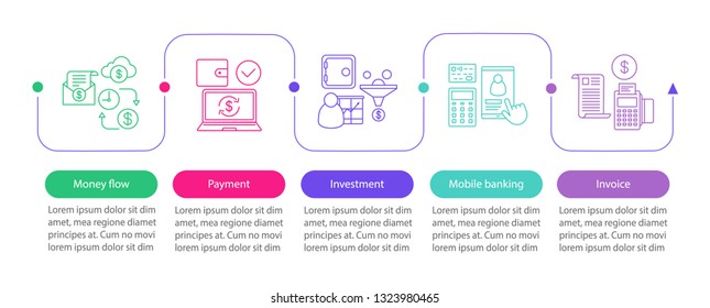 Banking vector infographic template. Financial services. Money flow, payment, investment, invoice. Data visualization with five steps and options. Process timeline chart. Workflow layout with icons