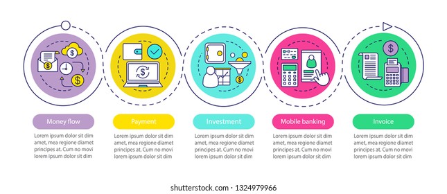 Banking vector infographic template. Financial services. Money flow, payment, investment, invoice. Data visualization with five steps and options. Process timeline chart. Workflow layout with icons