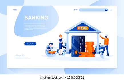 Banking vector landing page template with header. Financial institution web banner, homepage design with flat illustrations. Deposit, cash account. Savings investment website layout