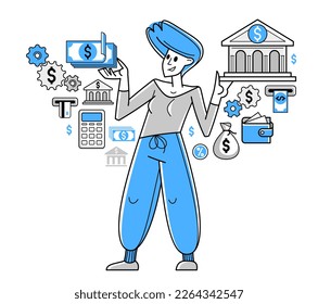 Ilustración de esquema de vector bancario, gerente que trabaja con finanzas o cliente gestiona su cuenta con depósito o crédito, ahorro personal.