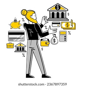 Banking vector outline illustration, manager working with finances or customer manages his account with deposit or credit, personal savings.