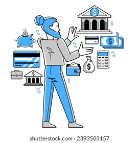 Ilustración de esquema de vector de banca, gerente que trabaja con finanzas o cliente gestiona su cuenta con depósito o crédito, ahorro personal.