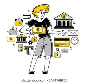 Banking vector outline illustration, manager working with finances or customer manages his account with deposit or credit, personal savings.