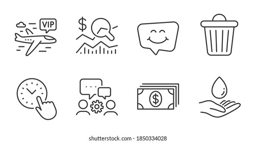 Banking, Vip flight and Engineering team line icons set. Water care, Trash bin and Smile chat signs. Check investment, Time management symbols. Money payment, Charter airplane, Teamwork. Vector