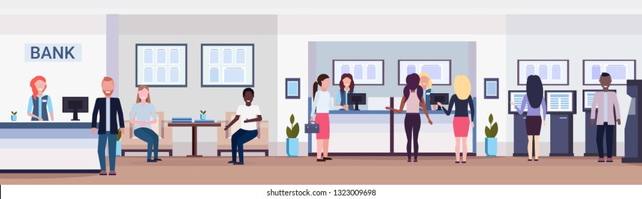 banking visitors and workers financial consulting center with waiting room reception and atm modern bank office interior horizontal banner flat