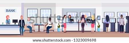 banking visitors and workers financial consulting center with waiting room reception and atm modern bank office interior horizontal banner flat