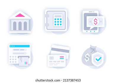 Banking Web Concept Of 3d Paper Icons Set. Pack Flat Pictograms Of Bank, Safe Deposit Box, Online Banking, Cash Advance, Credit Cards, Savings Protection. Vector Elements For Mobile App And Website