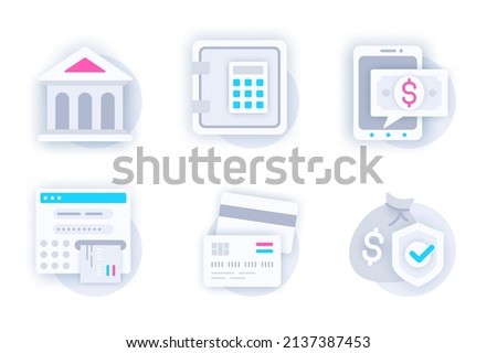 Banking web concept of 3d paper icons set. Pack flat pictograms of bank, safe deposit box, online banking, cash advance, credit cards, savings protection. Vector elements for mobile app and website