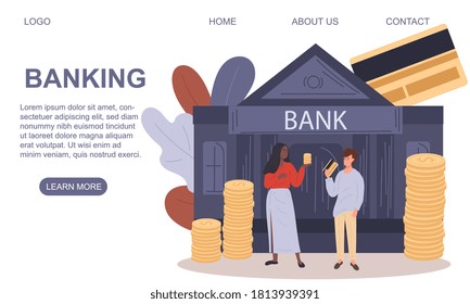 Plantilla de página web bancaria con pareja multirracial sosteniendo tarjetas de crédito frente a un banco con monedas de oro apiladas, ilustración vectorial de color