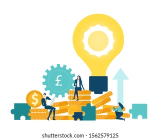 Banking world. Business people, bankers working among coins, gears and puzzle pieces. Currency, economy, money growth idea. 