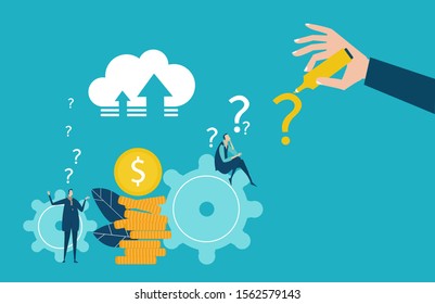Banking world. Business people, bankers working among coins, gears and puzzle pieces. Currency, economy, money growth idea. 