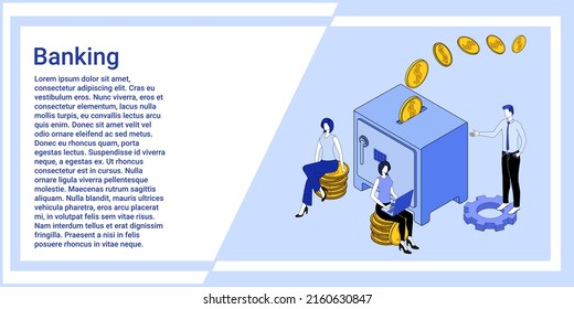 Banca.La gente se dedica a operaciones bancarias, pagos y transferencias de dinero.Una ilustración al estilo de la página de inicio es azul.