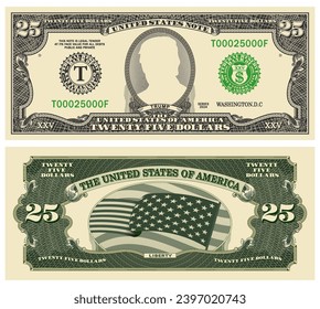 Banknote of 25 dollars. Fictional obverse and reverse in the style of old US paper money. Trump.