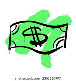 Banknote applied with black spray on white background. Dollar Sign. Smeared with green paint. Street art. Urban style. Graffiti for Business. Print for T-shirt, sweatshirt, poster. Vector illustration