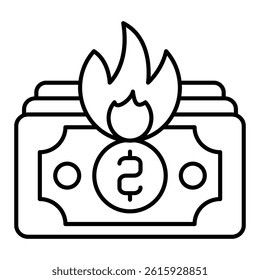 Banknote burn in fire thin line icon, insurance event concept. Vector graphics. Burnt banknotes, money recovery sign on white background, linear style for mobile or design