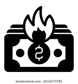 Banknote burning in fire solid icon, insurance event concept. Vector graphics. Burnt money recovery, bank bills sign on white background, glyph style mobile or design