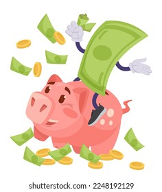 Banknote character riding comic piggybank vector illustration. Cartoon drawing of dollar bill character on funny piggy bank on white background. Finances, economy, investment, banking concept