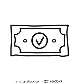 Banknote check mark logo icon Money currency sign Yes emblem Doodle game design Cartoon children's style Fashion print clothes apparel greeting invitation card flyer poster banner cover economical ad