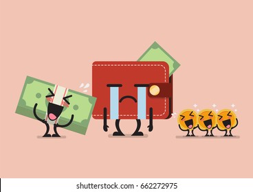Banknote and coin laughing at crying wallet. Funny cartoon emoticons