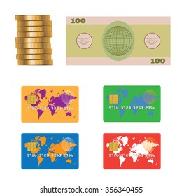 Banknote, coins, credit plastic bank card. Various payment methods. 