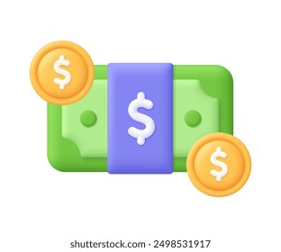 Banknote and coins with dollar symbol. Finance, business, income, savings and investment concept. 3d vector icon. Cartoon minimal style.