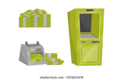 Banknote Counting Machine, Pile of Cash and Cashpoint Machine Vector Set