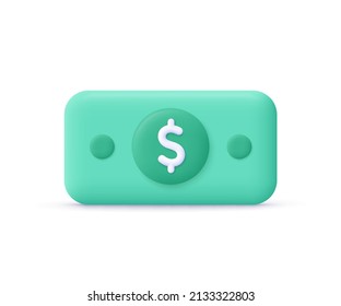 Banknote dollar green cash. Money saving, exchange, finance and budget concept. 3d vector icon. Cartoon minimal style.