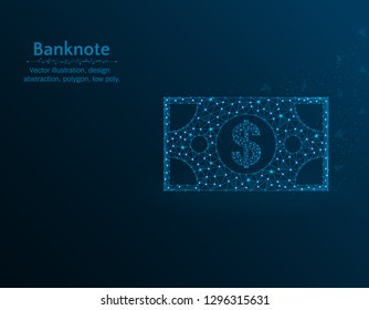 Banknote with dollar sign low poly vector illustration, money polygon icon on blue background, abstract design illustration