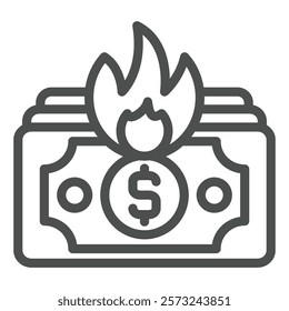 Banknote dollars burning in fire line icon, insurance event concept. Vector graphics. Bank paper money burnt recovery sign on white background, outline style icon for mobile or web design