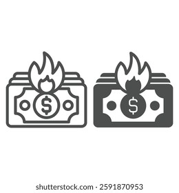 Banknote dollars burning in fire line and solid icon, insurance event concept. Vector graphics. Bank paper money burnt recovery sign on white background, outline style icon for mobile or web design