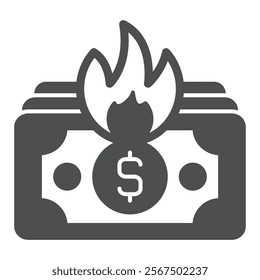 Banknote dollars burning in fire solid icon, insurance event concept. Vector graphics. Bank paper money burnt recovery sign on white background, glyph style icon for mobile or web design