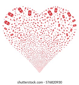 Banknote fireworks with heart shape. Vector illustration style is flat red iconic symbols on a white background. Object love heart organized from random design elements.